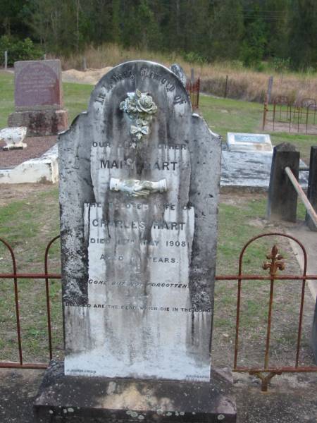 Mary HART  | wife of Charles HART  | 17 May 1908  | aged 71  |   | Parkhouse Cemetery, Beaudesert  | 