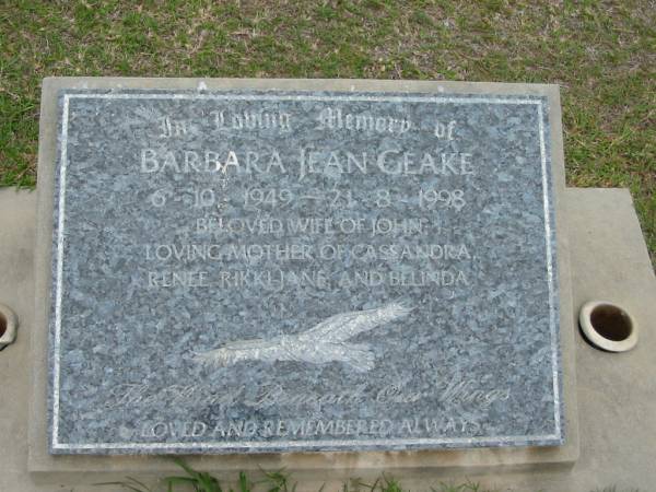 Barbara Jean GEAKE, 6-10-1949 - 21-8-1998, wife of John, mother of Sandra, Renee, Rikki-Jane, Belinda;  | Parkhouse Cemetery, Beaudesert  | 