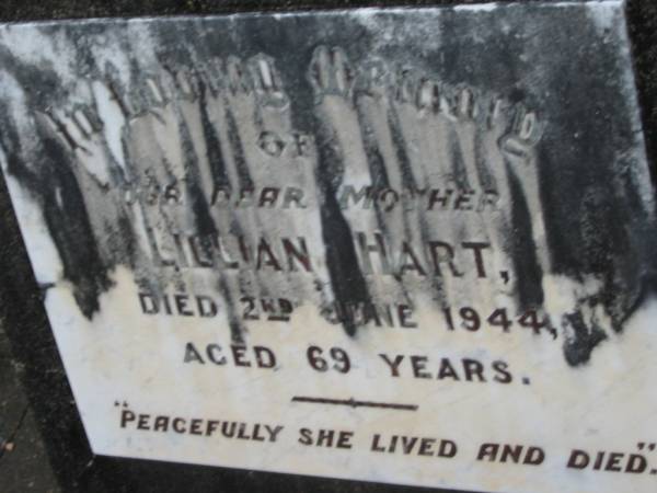 Lillian HART, died 2 June 1944 aged 69 years, mother;  | Parkhouse Cemetery, Beaudesert  | 