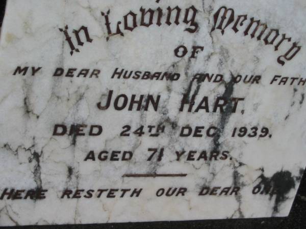 John HART, died 24 Dec 1939 aged 71 years, husband father;  | Parkhouse Cemetery, Beaudesert  | 