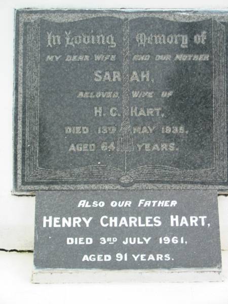 Sarah wife of H.C. HART, died 13 May 1035 aged 64 years, wife mother;  | Henry Charles HART, died 3 July 1961 aged 91 years, father;  | Parkhouse Cemetery, Beaudesert  | 