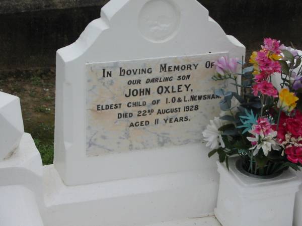 John Oxley eldest child of I.O. & L. NEWSHAM, died 22 Aug 1928 aged 11 years, son;  | Parkhouse Cemetery, Beaudesert  | 