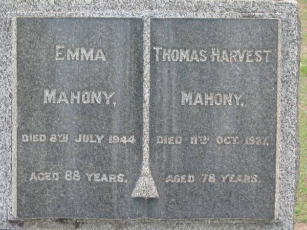 Emma MAHONY, died 8 July 1944 aged 88 years;  | Thomas Harvest MAHONY, died 11 Oct 1927 aged 78 years;  | Parkhouse Cemetery, Beaudesert  | 