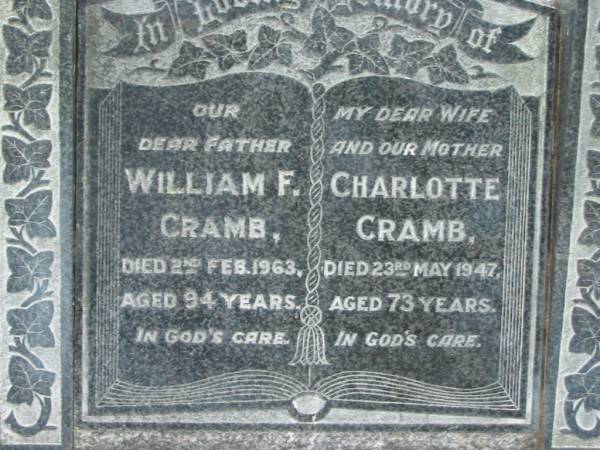 William F. CRAMB, died 2 Feb 1963 aged 94 years, father;  | Charlotte CRAMB, died 23 May 1947 aged 73 years, wife mother;  | Parkhouse Cemetery, Beaudesert  | 