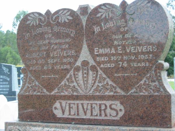 Albert VEIVERS died 18 Sept 1950 aged 64 years;  | Emma E. VEIVERS died 30 Nov 1965 aged 74 years;  | Parkhouse Cemetery, Beaudesert  | 