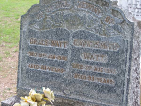 Grace WATT, died 12 Jan 1946 aged 81 years;  | David Smith WATT, died 3 Aug 1987 aged 93 years;  | Parkhouse Cemetery, Beaudesert  | 