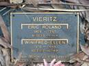 
VIERITZ;
Eric Roland, 1908-1997, father;
Winifred Ellen, 1910-1999, mother;
Ron, George, Julie;
Peachester Cemetery, Caloundra City
