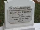 
Charles Edward PAGE,
died 29 Sept 1950 aged 75 years,
husband father;
Peachester Cemetery, Caloundra City
