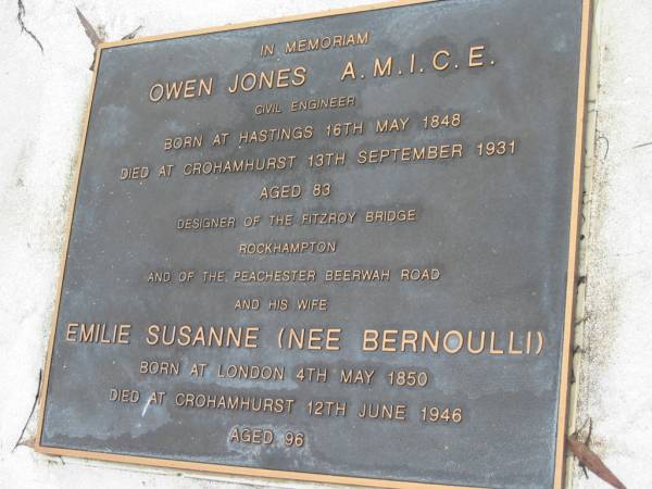 Owen JONES; B: Hastings 16 May 1848; D: Croahamhurst 13 Sep 1931; aged 83;  | Emilie Susanne JONES (nee BERNOULLI); B: London 4 May 1850; D: Crohamhurst 12 Jun 1946; aged 96;  | Peachester Cemetery, Caloundra City  | 