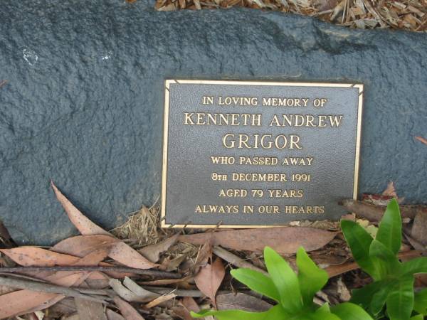 Kenneth Andrew GRIGOR, died 8 Dec 1991 aged 79 years;  | Peachester Cemetery, Caloundra City  | 
