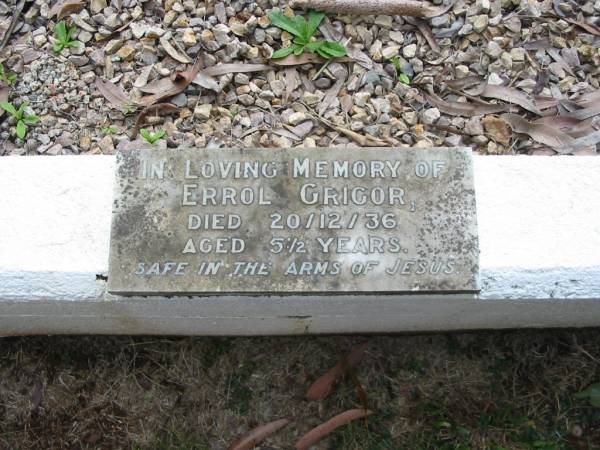 Errol GRIGOR, died 20-12-36 aged 5 and half years;  | Peachester Cemetery, Caloundra City  | 
