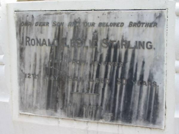 Ronald Leslie STIRLING, died from injuries 12 May 1941 aged 20 years, son brother;  | Peachester Cemetery, Caloundra City  | 