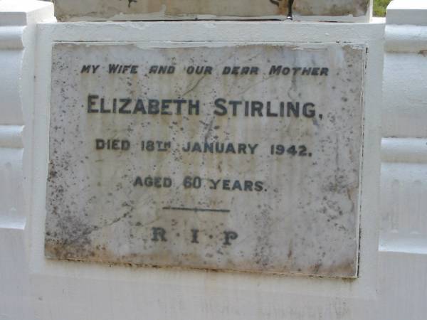 Elizabeth STIRLING, died 18 Jan 1942 aged 60 years, wife mother;  | Peachester Cemetery, Caloundra City  | 
