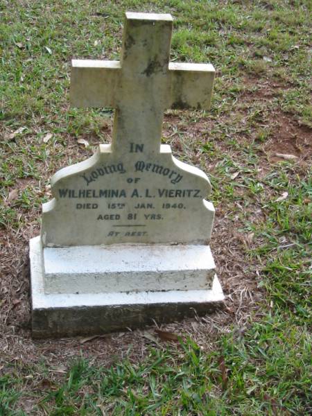 Wilhelmina A.L. VIERITZ, died 15 Jan 1940 aged 81 years;  | Peachester Cemetery, Caloundra City  | 