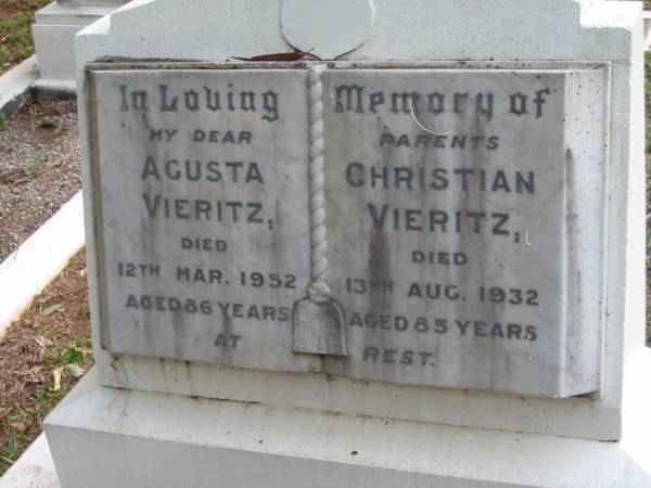 Augusta VIERITZ, died 12 Mar 1952 aged 86 years;  | Christian VIERITZ died 13 Aug 1932 aged 85 years;  | parents;  | Peachester Cemetery, Caloundra City  | 