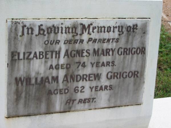 Elizabeth Agnes Mary GRIGOR, aged 74 years;  | William Andrew GRIGOR, aged 62 years;  | parents;  | Peachester Cemetery, Caloundra City  | 