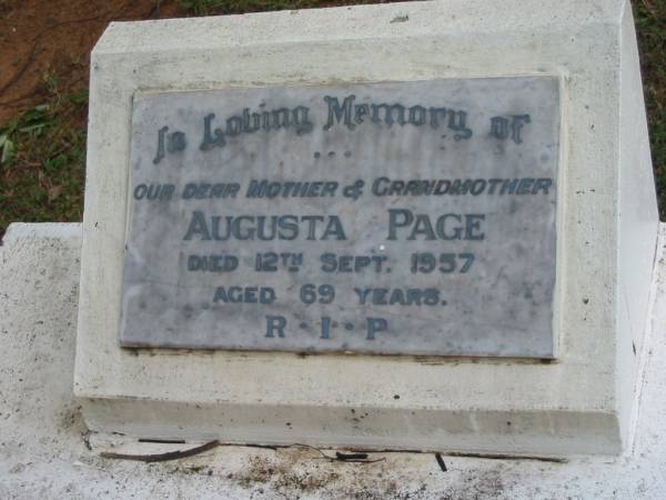 Augusta PAGE, died 12 Sept 1957 aged 69 years, mother grandmother;  | Peachester Cemetery, Caloundra City  | 