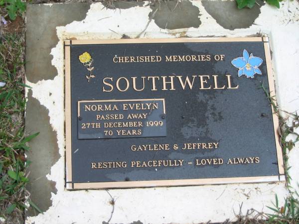 SOUTHWELL;  | Norma Evelyn, died 27 Dec 1999, 70 years;  | Gaylene & Jeffrey;  | Peachester Cemetery, Caloundra City  | 