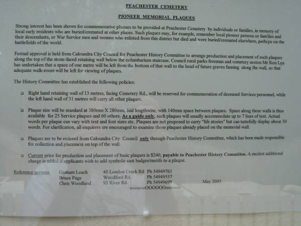 Click to <a href= Plaques.html >read about memorial plaques</a>;  | Peachester Cemetery, Caloundra City  | 