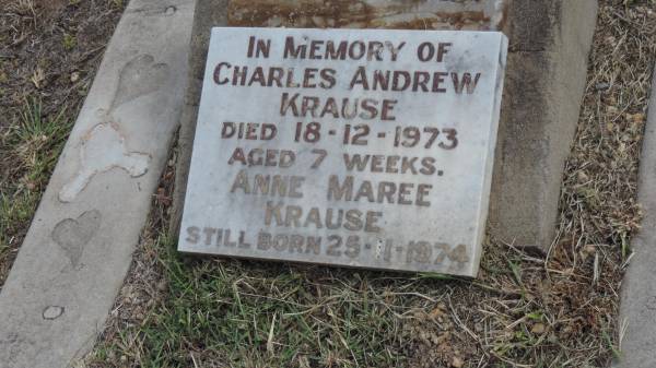 Charles Andrew KRAUSE  | d: 18 Dec 1973, aged 7 weeks  |   | Anne Maree KRAUSE  | still born 25 Nov 1974  |   | Peak Downs Memorial Cemetery / Capella Cemetery  | 