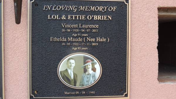 Lol and Ettie O'BRIEN  | married 9 Aug 1940  |   | Vincent Laurence O'BRIEN  | b: 26 Jun 1920  | d: 4 jul 2011, aged 91  |   | Ethelda Maude O'BRIEN (nee HALE)  | b: 28 May 1922  | d: 17 Nov 2015, aged 93  |   | Peak Downs Memorial Cemetery / Capella Cemetery  |   | 