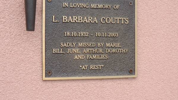 L. Barbara COUTTS  | b: 18 Oct 1932  | d: 10 Nov 2003  |   | missed by Marie, Bill, June, Arthur, Dorothy and families  |   | Peak Downs Memorial Cemetery / Capella Cemetery  | 