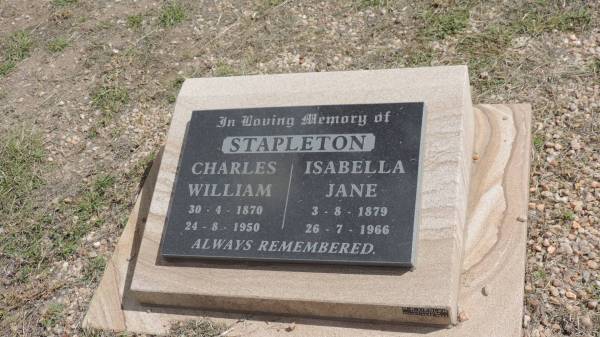 charles William STAPLETON  | b: 30 Apr 1870  | d: 24 Aug 1950  |   | Isabella Jane STAPLETON  | b: 3 Aug 1879  | d: 26 Jul 1966  |   | Peak Downs Memorial Cemetery / Capella Cemetery  | 