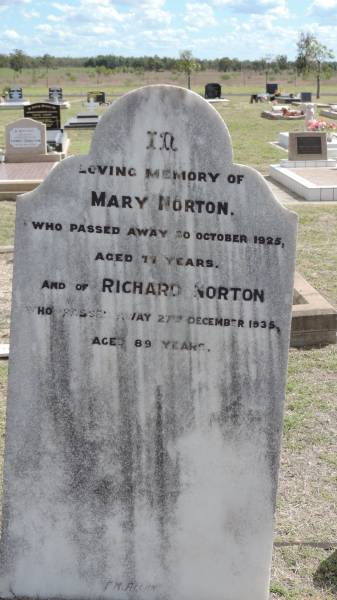 Mary NORTON  | d: 20 Oct 1925 aged 77  |   | Richard NORTON  | d: 27 Dec 1935 aged 89  |   | Peak Downs Memorial Cemetery / Capella Cemetery  | 