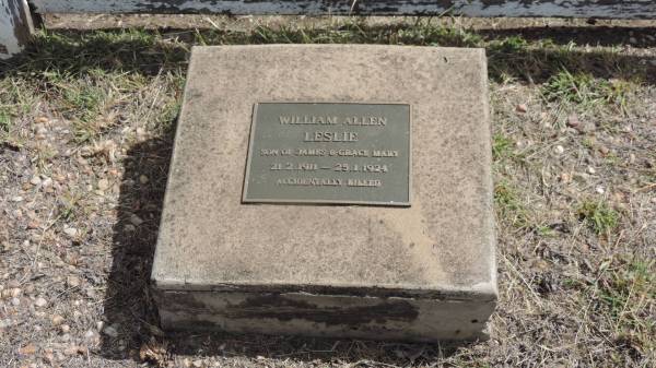 William Allen LESLIE  | b: 21 Feb 1911  | d: 25 1 1924  | son of James and Grace Mary (LESLIE)  |   | Peak Downs Memorial Cemetery / Capella Cemetery  | 