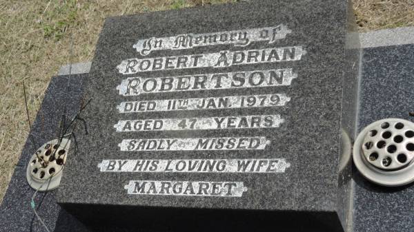 Robert Adrian ROBERTSON  | d: 11 Jan 1979 aged 47  | wife: Margaret  |   | Peak Downs Memorial Cemetery / Capella Cemetery  | 