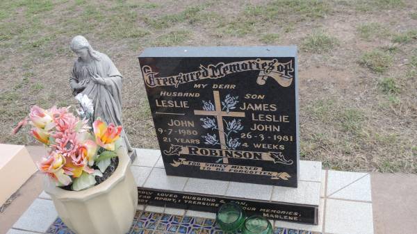 husband:  | Leslie John ROBINSON  | d: 9 Jul 1980 aged 21  |   | son: James Leslie John ROBINSON  | d: 26 Mar 1981 aged 4 weeks  |   | Peak Downs Memorial Cemetery / Capella Cemetery  | 