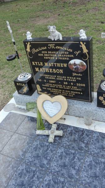 Kyle Matthew MATHESON (Ghecko)  | b: 20 May 1987  | d: 26 Jun 2006 aged 19  | partner Lisa  |   | Peak Downs Memorial Cemetery / Capella Cemetery  | 