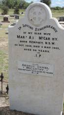 
Mary Ann McCARTHY
b: 25 Oct 1856 Kempsey NSW
d: 5 May 1922 aged 66

George Daniel McCARTHY
d: 26 Sep 1925 aged 72

Peak Downs Memorial Cemetery  Capella Cemetery
