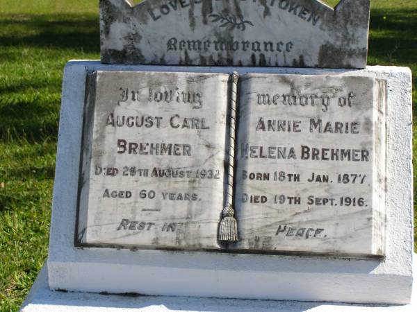 August Carl BREHMER,  | died 28 Aug 1932 aged 60 years;  | Annie Marie Helena BREHMER,  | born 18 Jan 1877,  | died 19 Sept 1916;  | Pimpama Island cemetery, Gold Coast  | 