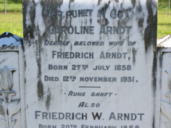 Caroline ARNDT,  | wife of Friedrich ARNDT,  | born 27 July 1858,  | died 12 Nov 1931;  | Friedrich W. ARNDT,  | born 20 Feb 1858,  | died 4 Feb 1945;  | Pimpama Island cemetery, Gold Coast  | 