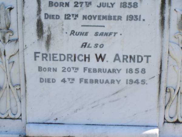 Caroline ARNDT,  | wife of Friedrich ARNDT,  | born 27 July 1858,  | died 12 Nov 1931;  | Friedrich W. ARNDT,  | born 20 Feb 1858,  | died 4 Feb 1945;  | Pimpama Island cemetery, Gold Coast  | 