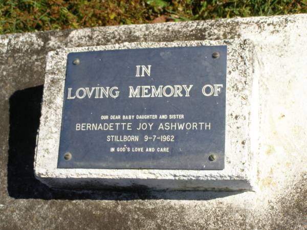Bernadette Joy ASHWORTH,  | baby daughter & sister,  | stillborn 9-7-1962;  | Pimpama Island cemetery, Gold Coast  | 