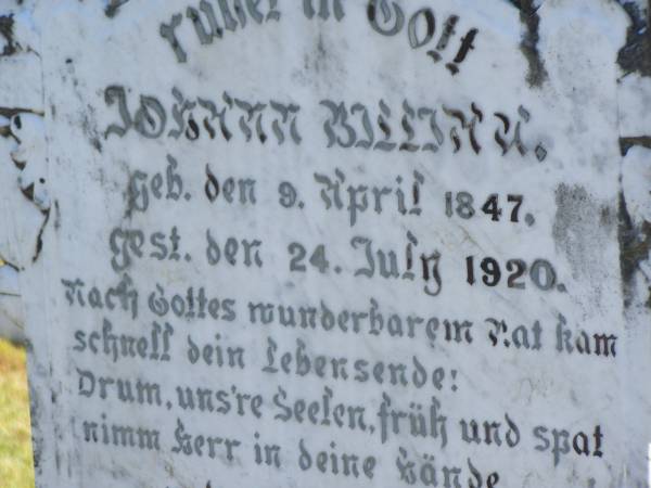 Johann BILLIAU,  | born 9 April 1847,  | died 24 July 1920;  | Marie,  | wife,  | born 3 Aug 1935,  | died 27 Jan 1929;  | Pimpama Island cemetery, Gold Coast  | 