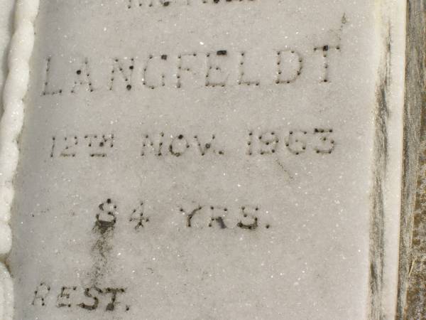 Anna LANGFELDT,  | mother,  | died 12 Nov 1983 aged 84 years;  | Pimpama Island cemetery, Gold Coast  | 