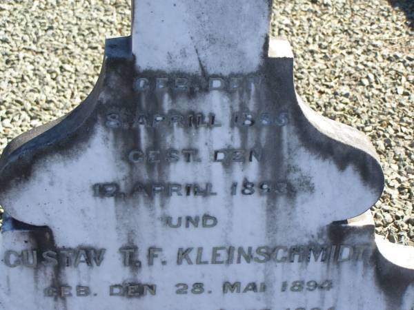 Albert F.W. KLEINSCHMIDT,  | born 8 April 1885,  | died 12 APril 1893;  | Gustav T.F. KLEINSCHMIDT,  | born 28 May 1894,  | died 22 Sept 1894;  | Pimpama Island cemetery, Gold Coast  | 