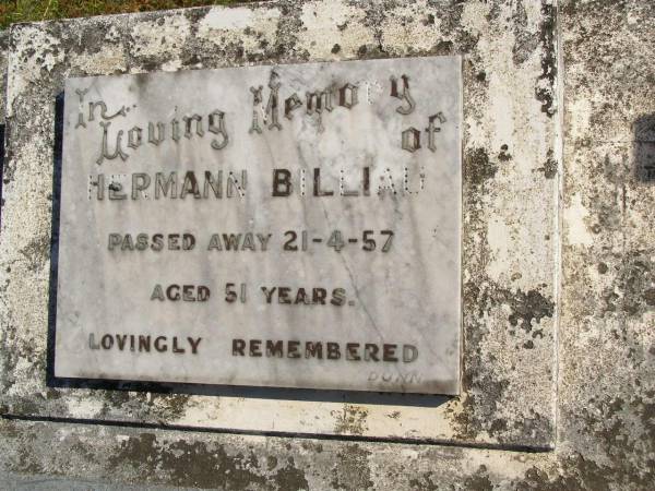 Hermann BILLIAU,  | died 21-4-57 aged 51 years;  | Pimpama Island cemetery, Gold Coast  | 