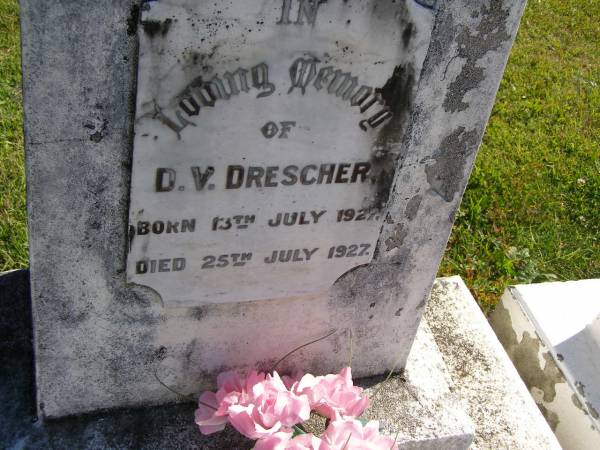 D.V. DRESCHER,  | born 13 July 1927,  | died 25 July 1927;  | Pimpama Island cemetery, Gold Coast  | 