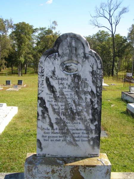 August BILLIAU,  | died 2 Jan 1926 aged 68 years;  | Elizabeth,  | wife,  | died 5 March 1936 aged 66 years;  | Pimpama Island cemetery, Gold Coast  | 