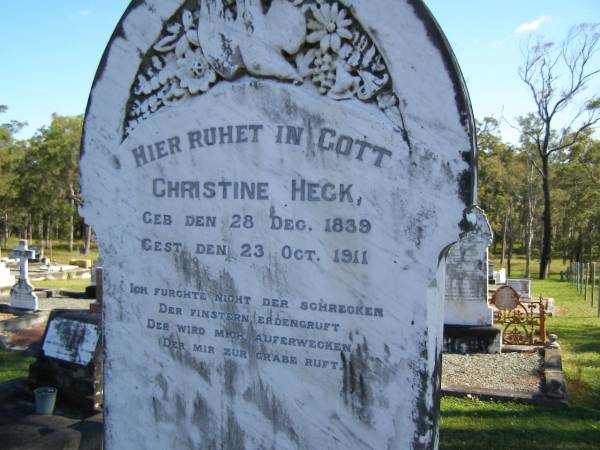 Christine HECK,  | born 28 Dec 1839,  | died 23 Oct 1911;  | Pimpama Island cemetery, Gold Coast  | 
