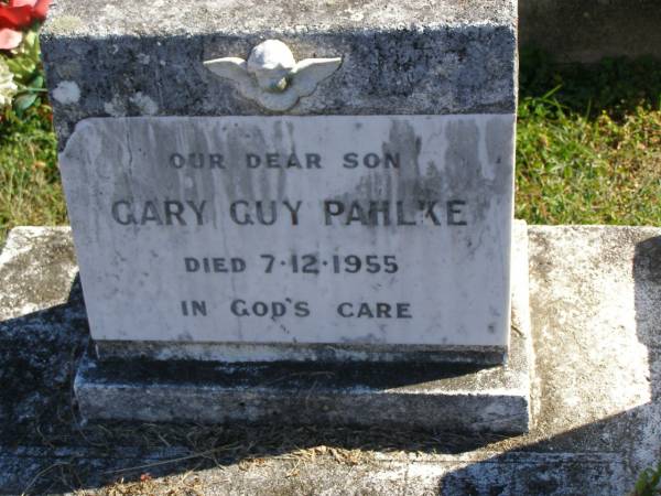 Gary Guy PAHLKE,  | son,  | died 7-12-1955;  | Pimpama Island cemetery, Gold Coast  | 