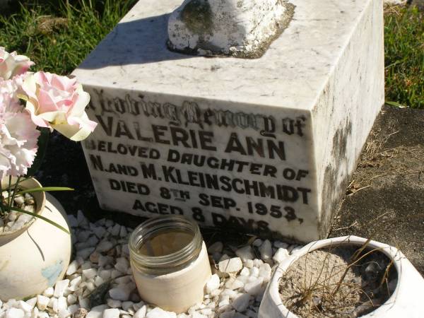 Valerie Ann,  | daughter of N. & M. KLEINSCHMIDT,  | died 8 Sept 1953 aged 8 days;  | Pimpama Island cemetery, Gold Coast  | 