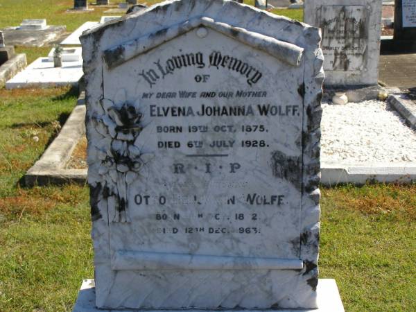 Elvena Johanna WOLFF,  | wife mother,  | born 19 Oct 1875,  | died 6 July 1928;  | Otto Benjamin WOLFF,  | husband,  | born 11 Oct 1872,  | died 12 Dec 1963;  | Pimpama Island cemetery, Gold Coast  | 