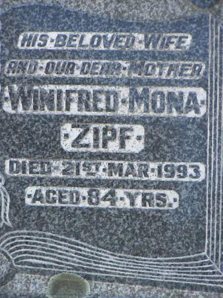 Reuben Victor ZIPF,  | husband father,  | died 4 Nov 1945 aged 42 years;  | Winifred Mona ZIPF,  | wife mother,  | died 21 Mar 1993 aged 84 years;  | Pimpama Island cemetery, Gold Coast  | 