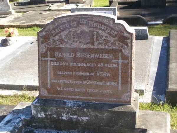 Harold RIESENWEBER,  | died 29 Feb 1956 aged 49 years,  | husband of Vera,  | father of Gwen & Laurel;  | Pimpama Island cemetery, Gold Coast  | 