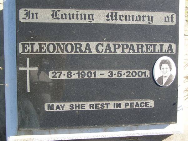 Eleonora CAPPARELLA,  | 27-8-1901 - 3-5-2001;  | Pimpama Island cemetery, Gold Coast  | 